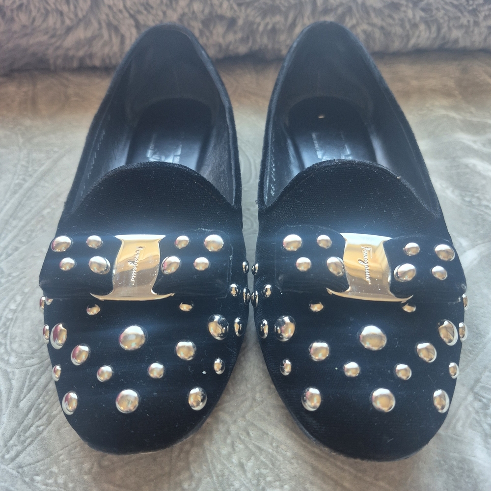 Black Studded Velvet Loafers - Salvatore Ferragamo